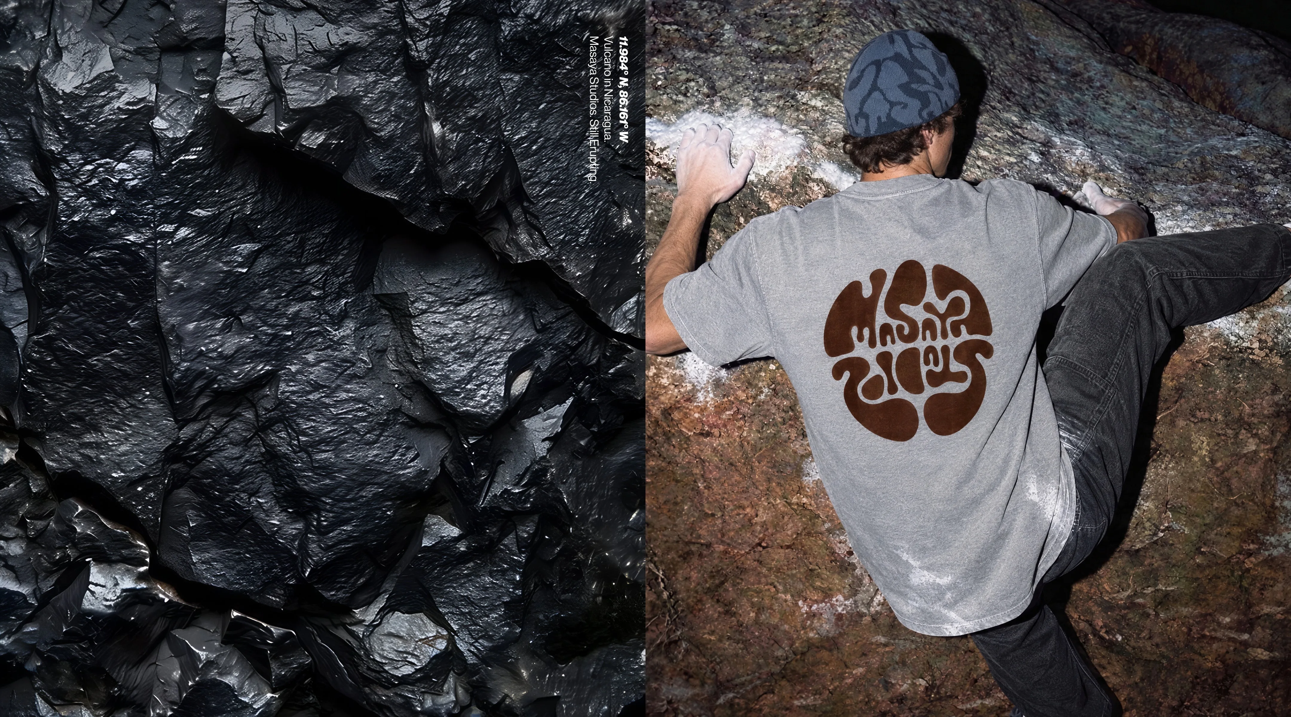 Masaya character climbing a boulder in a grey-blue Core Flocking Tee and light-blue beanie